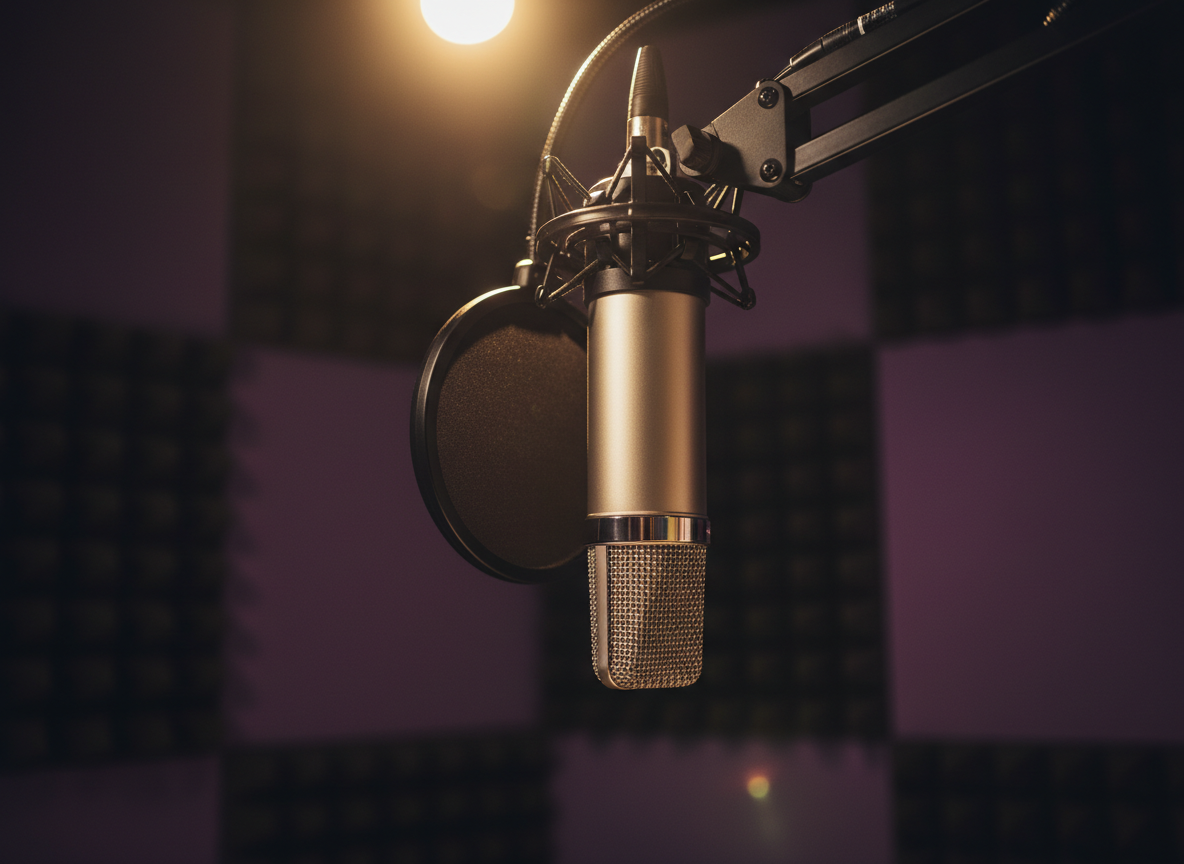 A close-up, cinematic shot of a professional studio microphone with a fine metal mesh grille and shock mount, suspended in front of a black pop filter. The mic is positioned in a softly lit vocal booth with deep purple and charcoal acoustic foam creating a textured backdrop. A warm overhead spotlight grazes the microphone, producing delicate highlights along its metallic body and a gentle falloff into shadow. Photographic realism with a shallow depth of field keeps the mic in razor-sharp focus while the booth interior melts into a smooth bokeh, evoking an intimate, creative, and high-end vocal recording environment suitable for both singers and voiceover artists.