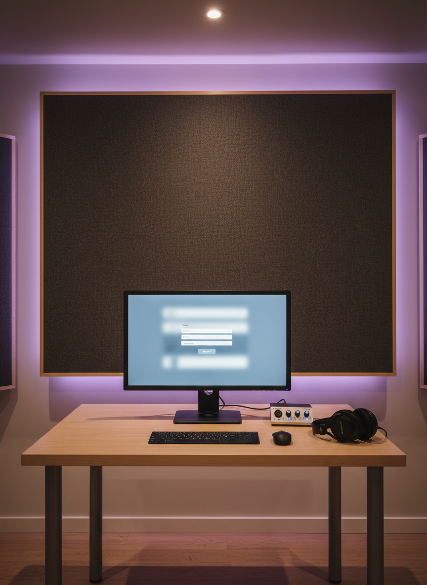A tidy, modern reception and contact area within the recording studio, with a compact wood-and-metal desk holding a sleek, unbranded computer monitor displaying a clean, abstract contact-form layout suggested only by blurred shapes and fields. A small audio interface and a pair of studio headphones rest beside the keyboard, tying the space to music production. The background includes a subtle wall-mounted acoustic panel and a soft purple accent light washing upward. Even, warm-white overhead lighting creates an approachable, professional atmosphere. Photographic realism from an eye-level, slightly off-center composition emphasizes accessibility and clear communication for clients booking sessions.