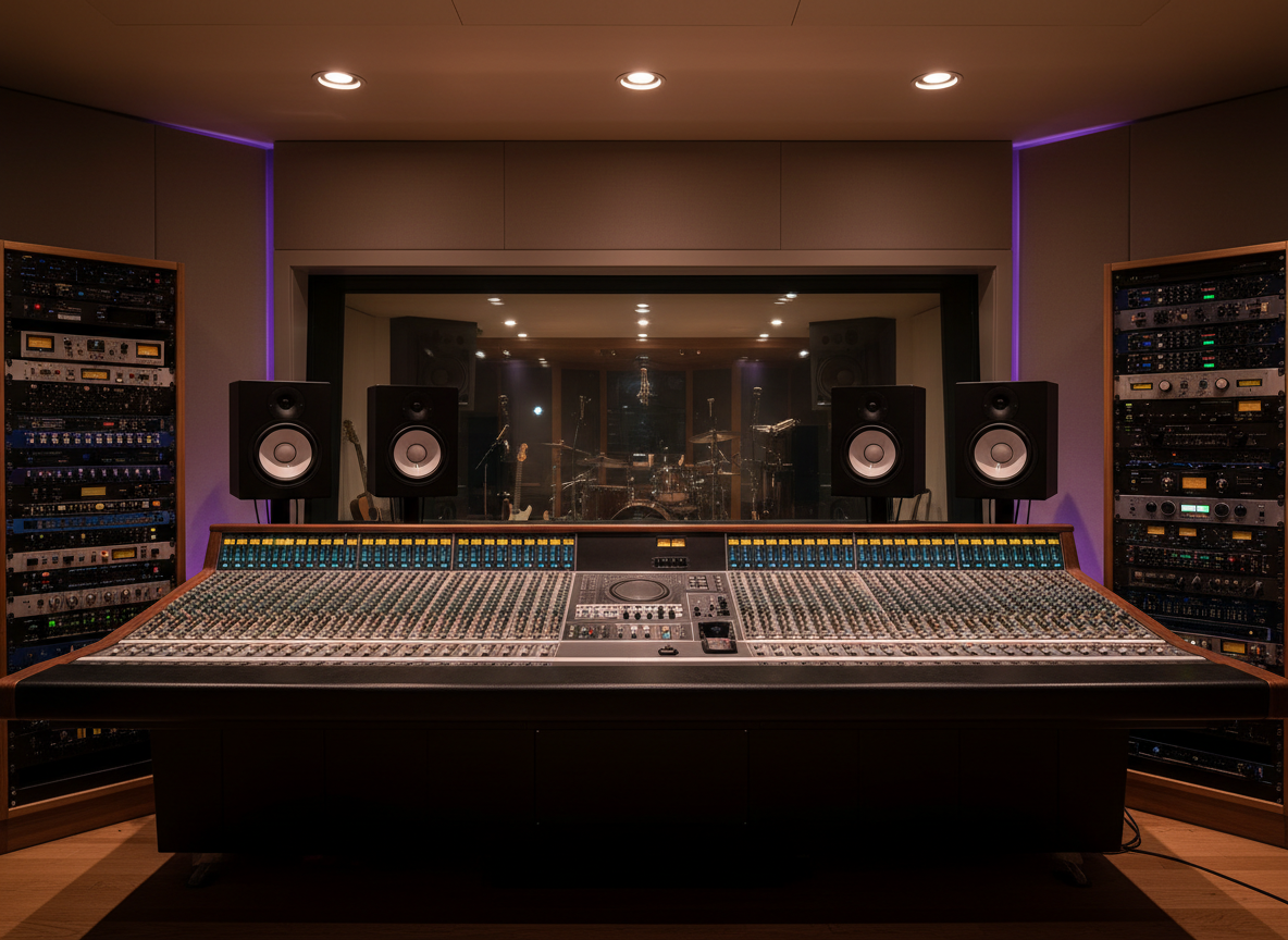 A sleek, acoustically treated control room in a professional recording studio, centered on a large mixing console with glowing LED meters, polished faders, and high-end studio monitors angled symmetrically. The desk surface is dark walnut with a subtle satin sheen, surrounded by racks of outboard compressors and preamps, each softly illuminated. Warm, dimmable ceiling lights and a faint purple accent glow along the back wall create a cozy yet focused atmosphere. Shot at eye level with photographic realism, the composition uses leading lines from the console toward a large soundproof window revealing a softly blurred live room beyond, conveying creativity, precision, and a welcoming, high-end environment.