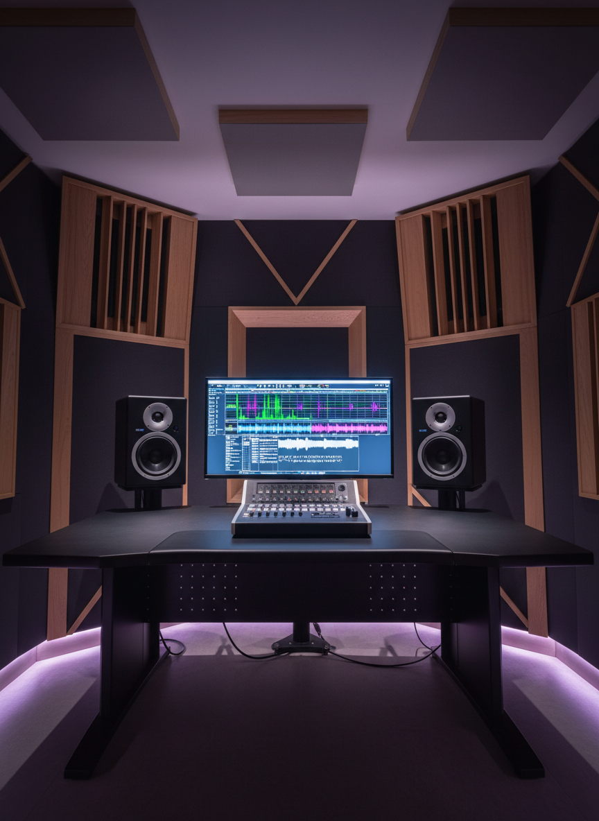 A refined mastering suite with a minimalist desk holding a stereo pair of high-end reference monitors, a streamlined mastering console, and a large screen showing a frequency spectrum and waveform. The walls are treated with angled wooden diffusers and dark acoustic panels, creating a geometric pattern that suggests precision and control. Subtle purple floor lighting adds depth without overpowering the neutral palette. Soft, even, studio lighting reduces glare and reflections, giving a calm, focused atmosphere. Photographic realism from a centered, slightly low angle emphasizes symmetry and clarity, conveying the meticulous, detail-oriented process of mixing and mastering finished tracks for release.