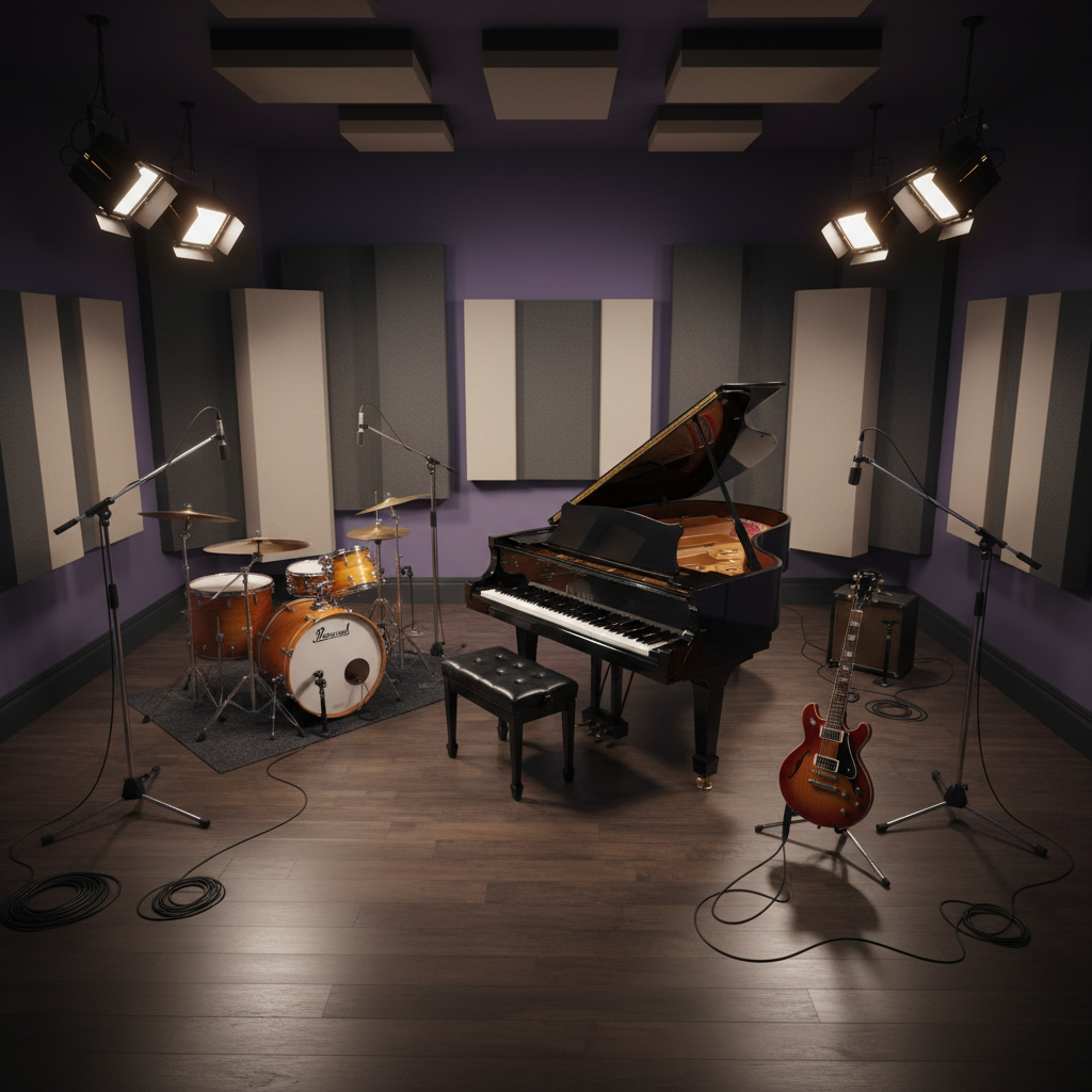 A meticulously arranged live recording room featuring a gleaming grand piano, a vintage-style drum kit, and a classic electric guitar on a stand, all spaced comfortably on a hardwood floor with a smooth matte finish. Acoustic panels and bass traps line the walls in tasteful neutral tones, with a subtle purple uplight washing the rear wall for character. Overhead, adjustable studio lights cast warm, even illumination, creating soft shadows beneath each instrument. Captured from a slightly elevated corner angle in photographic realism, the composition highlights the flexible recording space, with cables neatly routed and high-quality microphones on boom stands positioned as if ready for a full band session.
